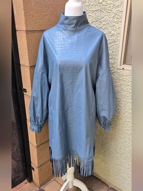 Yohers Blue Faux-Leather Fringe Tunic Dress